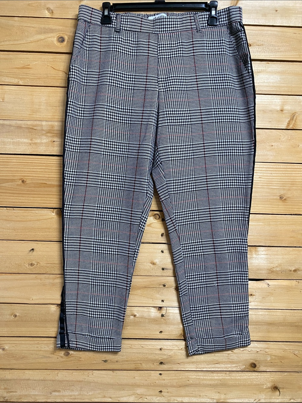 Plaid Tapered Women's Dress Pants in Black & White with Red Windowpane